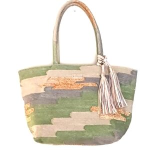 WKND WYFR Whoa Nelly Woven Tapestry Tote Bag Green Gray Tan Metallic Copper